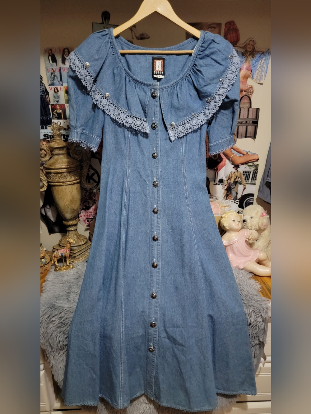 1980s Vintage Choon Sport Denim Sailor Bib Maxi Dress